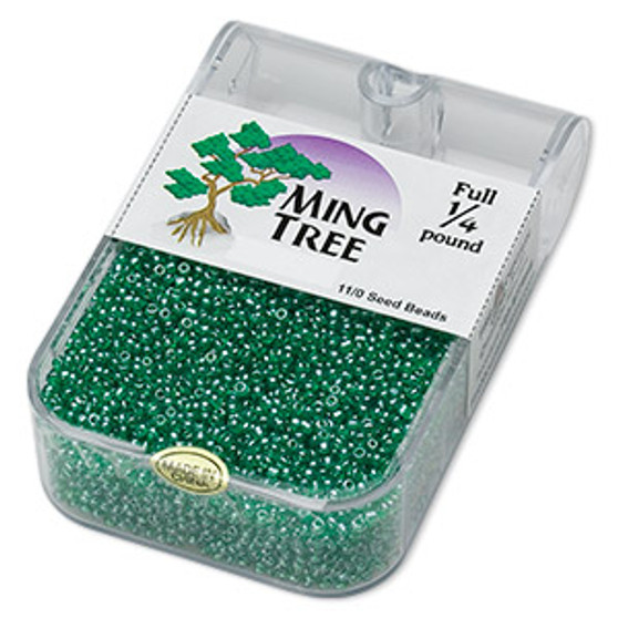 Seed bead, Ming Tree™, glass, transparent luster green, #11 round. Sold per 1/4 pound pkg.