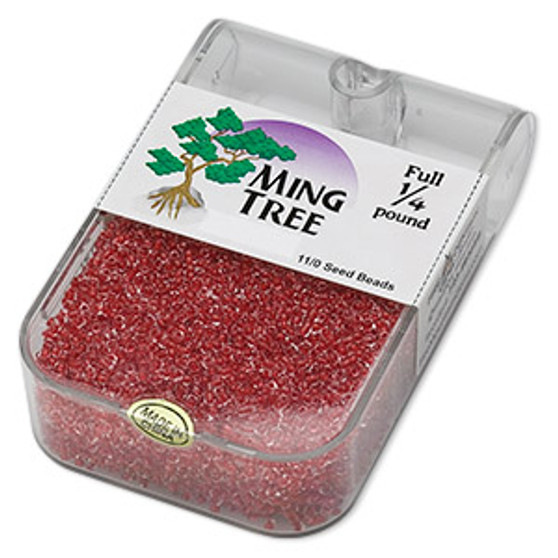 Seed bead, Ming Tree™, glass, transparent color-lined red, #11 round. Sold per 1/4 pound pkg.
