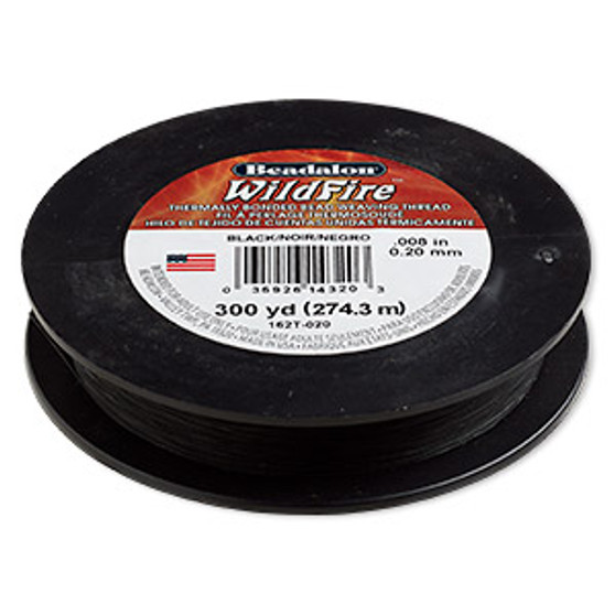 Thread, Beadalon® WildFire™, polyester and plastic, black, 0.2mm with bonded coating, 15-pound test. Sold per 300-yard spool.