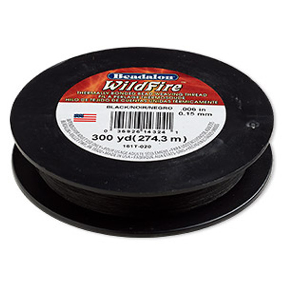 Thread, Beadalon® WildFire™, polyester and plastic, black, 0.15mm with bonded coating, 10-pound test. Sold per 300-yard spool.