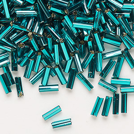 Bugle bead, Preciosa Ornela, Czech glass, transparent silver-lined teal, 1/4 inch with square hole. Sold per 50-gram pkg.