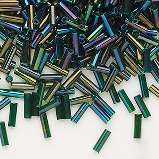 Bugle bead, Preciosa Ornela, Czech glass, translucent rainbow dark green, 1/4 inch. Sold per 50-gram pkg.