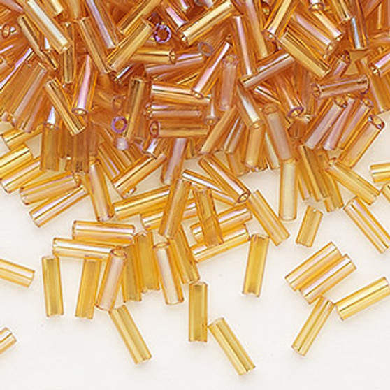 Bugle bead, Preciosa Ornela, Czech glass, translucent rainbow topaz, 1/4 inch. Sold per 50-gram pkg.