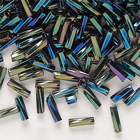 Bugle bead, Preciosa Ornela, Czech glass, opaque green iris black, 1/4 inch twisted. Sold per 50-gram pkg.