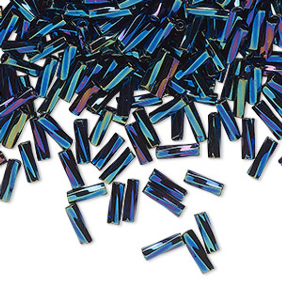 Bugle bead, Preciosa Ornela, Czech glass, opaque blue iris black, 1/4 inch twisted. Sold per 50-gram pkg.