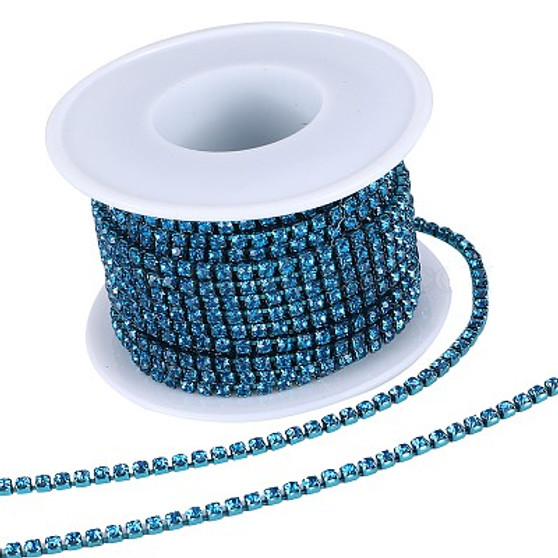 1 Roll Electrophoresis Iron Rhinestone Strass Chains, Rhinestone Cup Chains, with Spool, Lt Sapphire, SS8.5, 2.4~2.5mm, about 10 Yards/roll