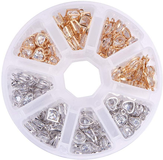 Alloy Charms, with Cubic Zirconia, Mixed Shapes, Mixed Colour, 13x8.4x1.75cm. 120pcs/box