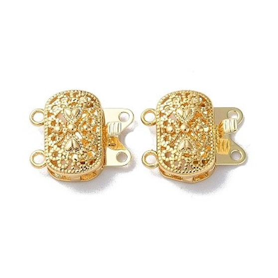 2 pk - Brass Box Clasps, 2-Strand, 4-Hole, Oval, 18k Gold Plated, 14.5x16x5.5mm, Hole: 1.4mm and 1.6mm