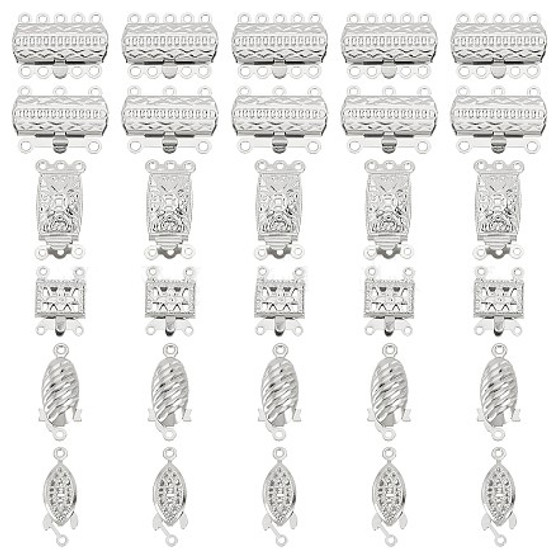 60 Sets, 6 Styles, Stainless Steel Oval/Horse Eye/Rectangle with Flower, Multi-Strand Box End Clasp