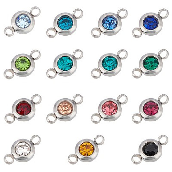 304 Stainless Steel Rhinestone Links Connectors, Flat Round, Mixed Colour, 12x6.5x4mm, Hole: 2mm, 30pcs/box
