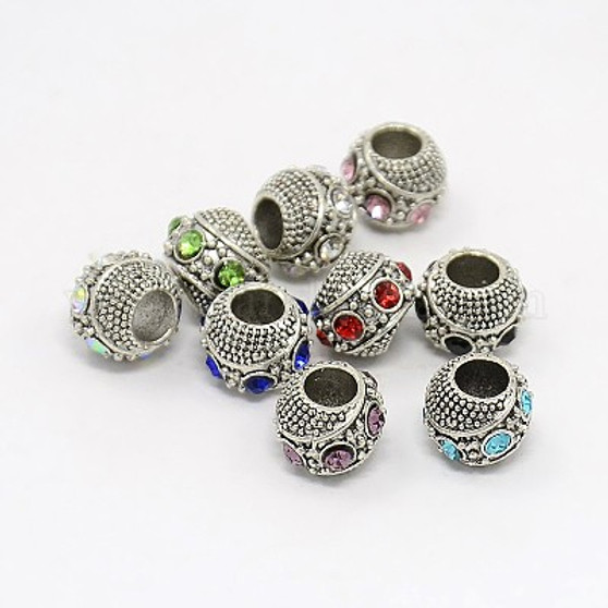 50pk - Large Hole beads - Antique Silver Zinc Alloy Pave Grade A Rhinestone, Rondelle, Mixed Colour, 11x9mm, Hole: 5mm