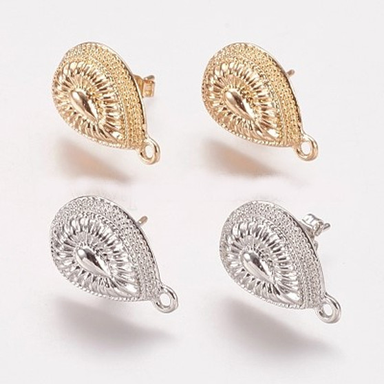 10 pairs - Alloy Stud Earring Findings, with Loop, Teardrop, Mixed Colour, 19x12mm, Hole: 1mm, Pin: 0.7mm