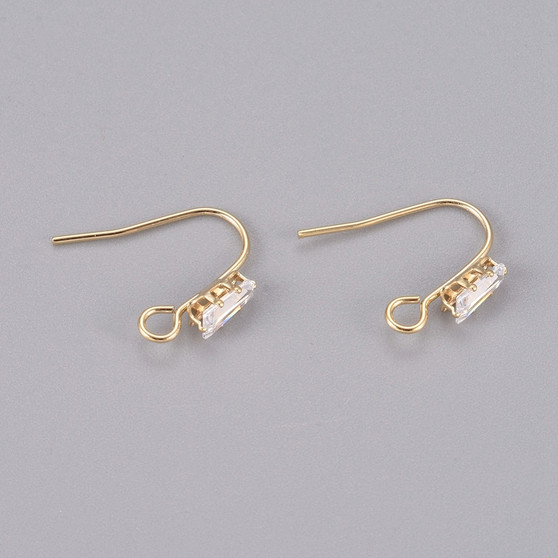 6 pk (3 pairs) - Brass Earring Hooks, with Clear Cubic Zirconia and Horizontal Loop, with Clear Cubic Zirconia and Horizontal Loop, Long-Lasting Plated, 14K Gold Plated, 16x13x3.5mm, Hole: 2mm, Pin: 0.8mm