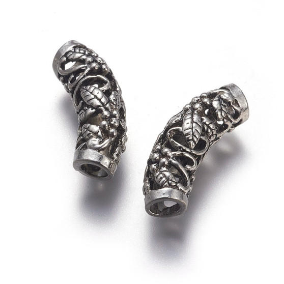 2pk - Alloy Tube Beads, Curved, Antique Silver, 24.5x9mm, Hole: 3.5mm