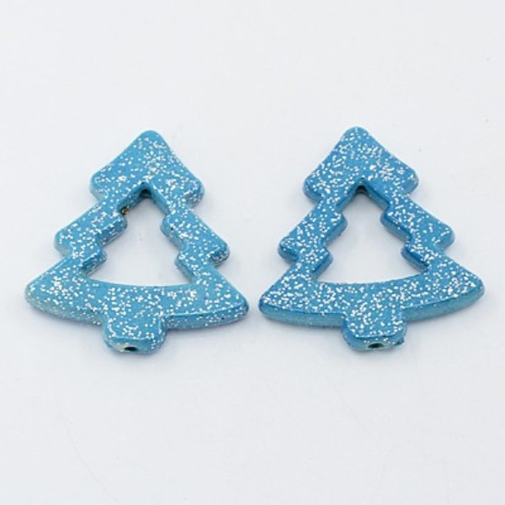 9 pack - Christmas Themed Spray Painted Resin Beads, Christmas Tree, Blue with Glitter, 40.5x39.5mm