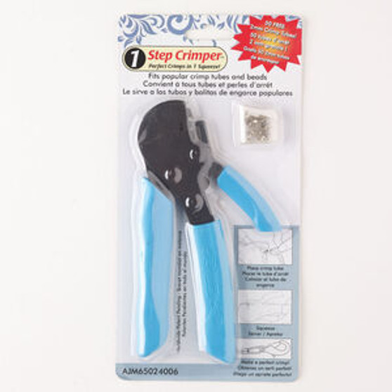 The Bead Buddy, 1-Step Crimper™, steel and rubber, pkg/1, 6-inch crimper, silver finish / blue / black.
