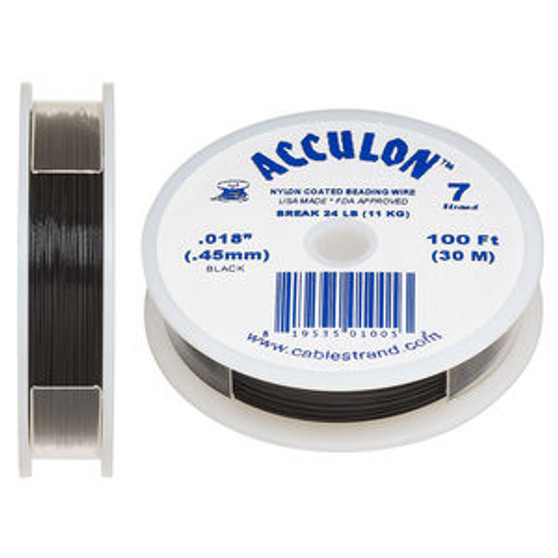 LAST STOCK: Beading wire, Acculon®, nylon-coated stainless steel, black, 7 strand, 0.018-inch diameter. Sold per 100-foot spool.