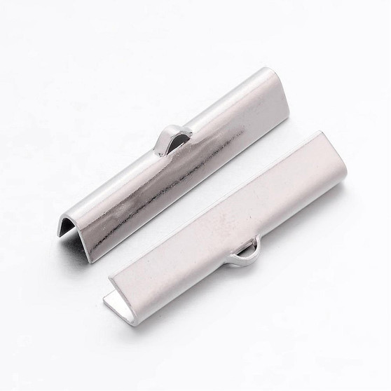 LAST STOCK: 100 pack - Brass Ribbon Ends, Nickel Free, Platinum, about 5mm wide, 30mm long, hole: 2mm