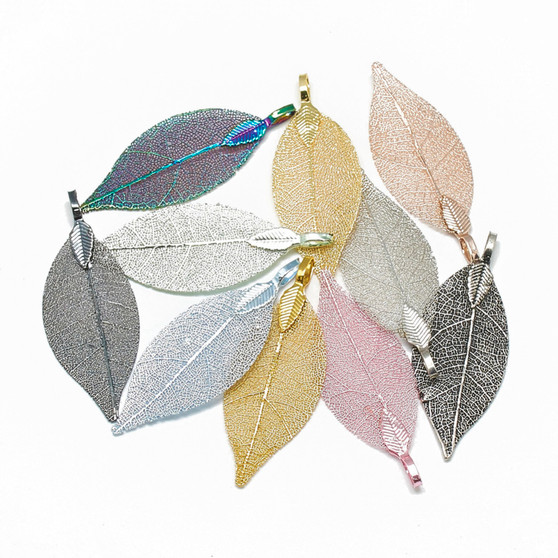 LAST STOCK: Electroplate Natural Leaf, Leaf, Mixed Colour - 5 pieces, approx 53x19x1.5mm, Hole: 3x5.5mm