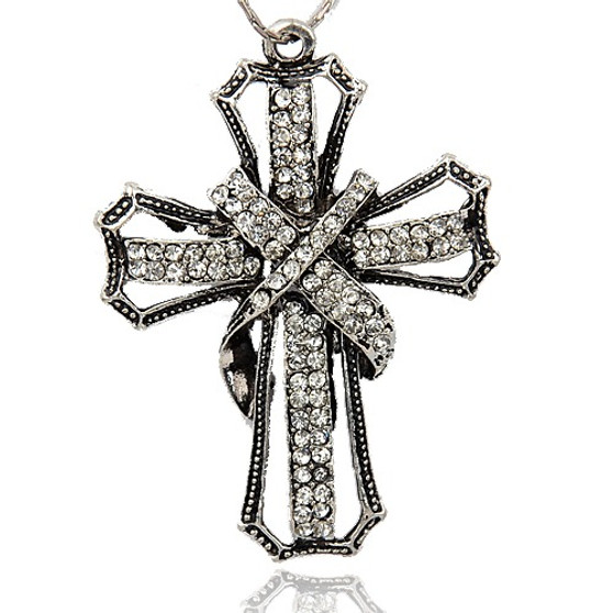LAST STOCK: Tibetan Style Alloy Rhinestone Cross Big Pendant, Antique Silver, 70x50x8mm, Hole: 3mm