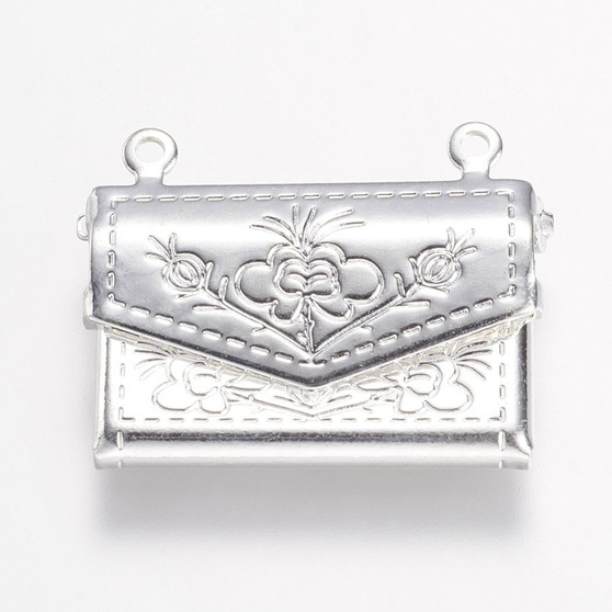 LAST STOCK:  25 pack - Brass Locket Pendants, Handbag with Flower, Silver, 22x17x3.5mm, Hole: 1mm