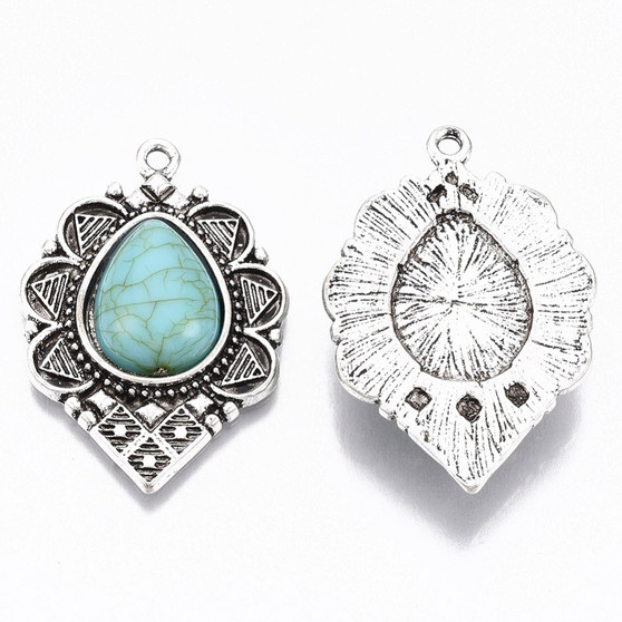 LAST STOCK: Tibetan Style Alloy Pendant, with Synthetic Turquoise, Teardrop, Antique Silver, 36.5x25x6mm, Hole: 1.8mm