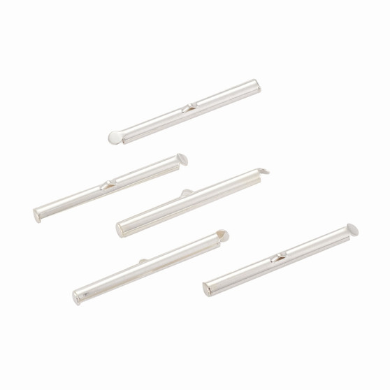 LAST STOCK: 20 pack: Brass Slide On End Clasp Tubes, Slider End Caps, Silver Colour Plated, 39.5x4mm, Hole: 1mm, Inner Diameter: 2mm LAST STOCK: 20 pack: Brass Slide On End Clasp Tubes, Slider End Caps, Silver Colour Plated, 39.5x4mm, Hole: 1mm, Inner Diameter: 2mm