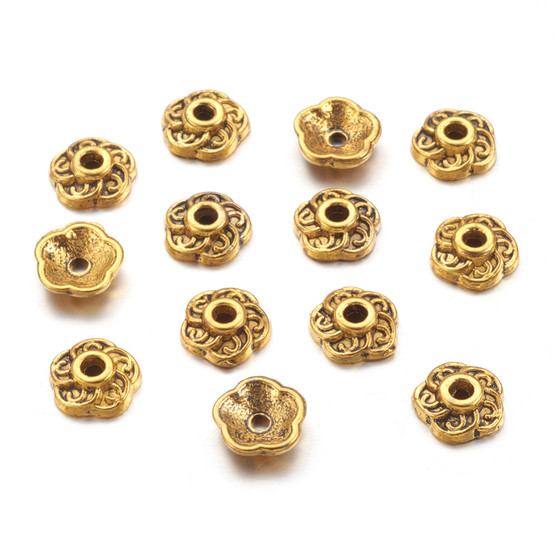 LAST STOCK: 120 pack - Tibetan Style Bead Caps, Antique Golden, Lead Free and Cadmium Free and Nickel Free, Flower, Size: about 9mm in diameter, 3mm thick, hole: 1mm LAST STOCK: 120 pack - Tibetan Style Bead Caps, Antique Golden, Lead Free and Cadmium Free and Nickel Free, Flower, Size: about 9mm in diameter, 3mm thick, hole: 1mm