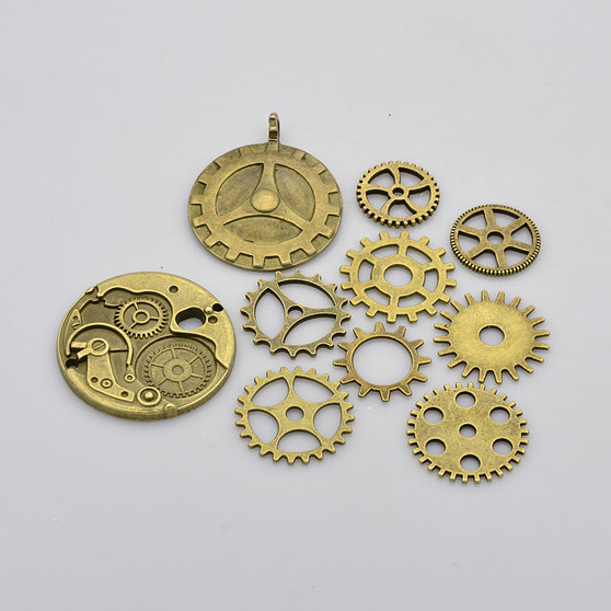 10 pcs - Mixed Tibetan Style Alloy Gear Pendants, Lead Free & Nickel Free, Antique Bronze