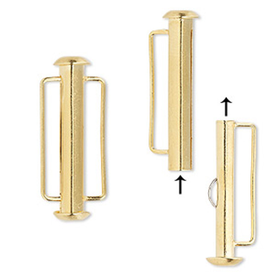 Clasp, slide lock, gold-plated brass, 26x6mm round tube, 18x2mm inside diameter. Sold per pkg of 4.