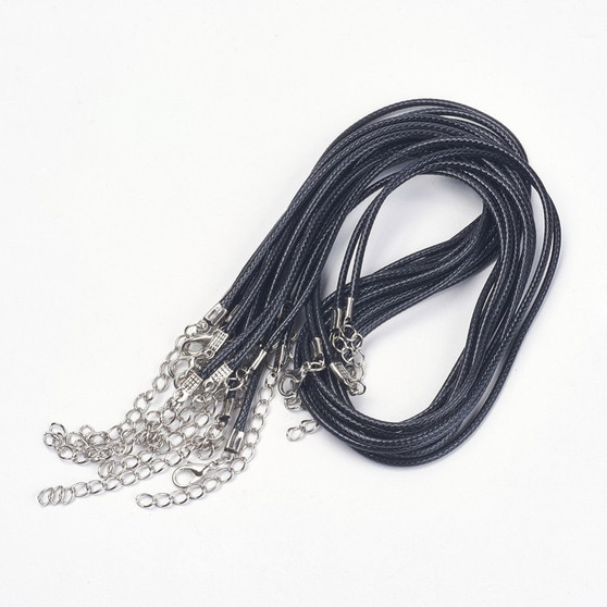 10 x Imitation Leather cord Necklaces Black (2mm thick, 17" long) Platinum ends