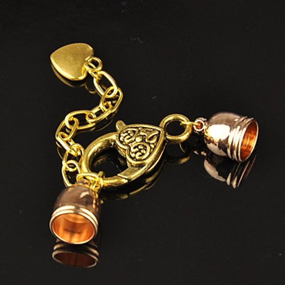 2 x Gold Cord Ends with Heart Clasp and extension Chain, Cord end Hole: 8mm inner diameter