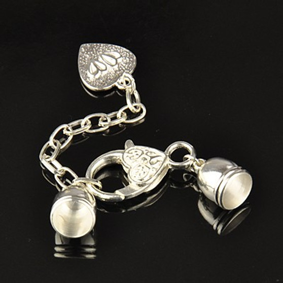 2 x Silver Cord Ends with Heart Clasp and extension Chain, Cord end Hole: 8mm inner diameter
