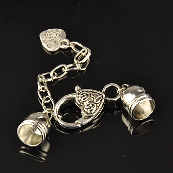 2 x Platinum Cord Ends with Heart Clasp and extension Chain, Cord end Hole: 8mm inner diameter
