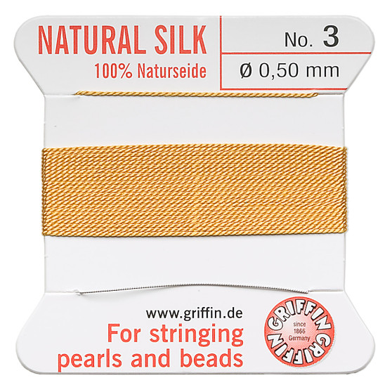 Griffin Thread, Silk 2-yard card with integrated flexible stainless steel needle Size 3 (0.5mm) Amber Yellow