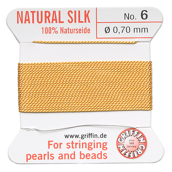 Griffin Thread, Silk 2-yard card with integrated flexible stainless steel needle Size 6 (0.7mm) Amber Yellow
