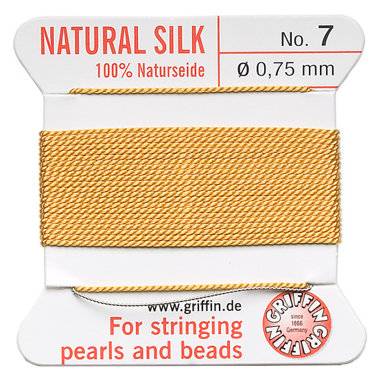 Griffin Thread, Silk 2-yard card with integrated flexible stainless steel needle Size 7 (0.75mm) Amber Yellow