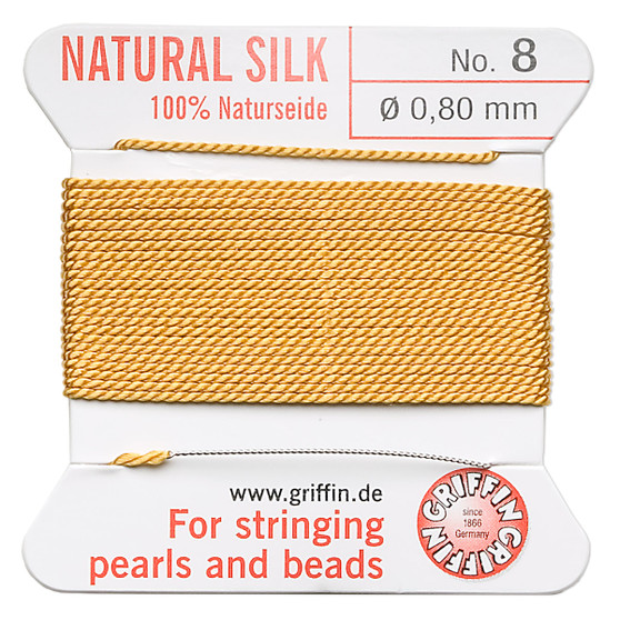 Griffin Thread, Silk 2-yard card with integrated flexible stainless steel needle Size 8 (0.8mm) Amber Yellow