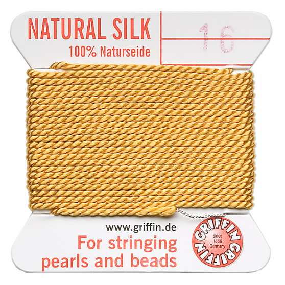 Griffin Thread, Silk 2-yard card with integrated flexible stainless steel needle Size 16 (1.05mm) Amber Yellow