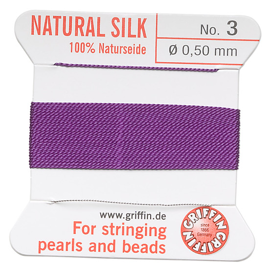 Griffin Thread, Silk 2-yard card with integrated flexible stainless steel needle Size 3 (0.5mm) Amethyst Purple