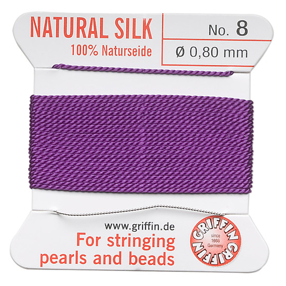 Griffin Thread, Silk 2-yard card with integrated flexible stainless steel needle Size 8 (0.8mm) Amethyst Purple