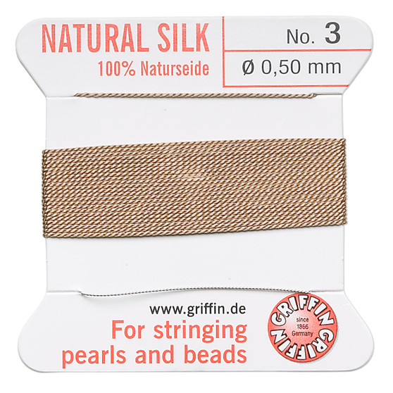 Griffin Thread, Silk 2-yard card with integrated flexible stainless steel needle Size 3 (0.5mm) Beige