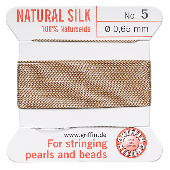 Griffin Thread, Silk 2-yard card with integrated flexible stainless steel needle Size 5 (0.65mm) Beige