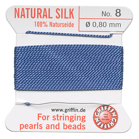 Griffin Thread, Silk 2-yard card with integrated flexible stainless steel needle Size 8 (0.8mm) Blue