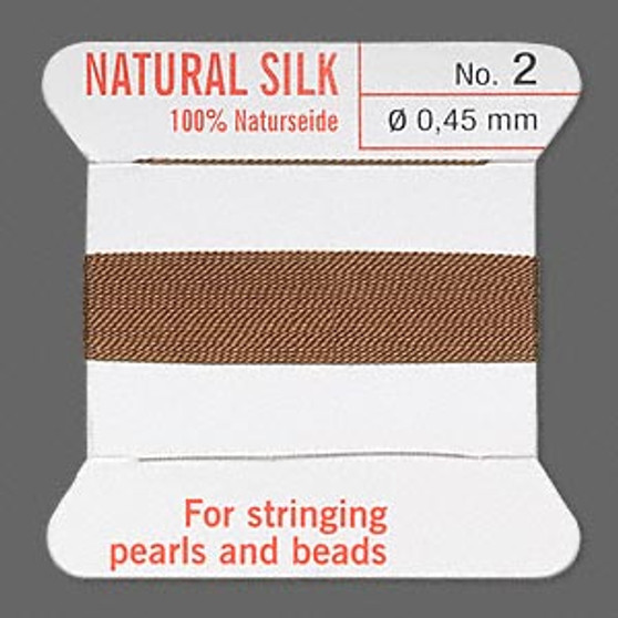 Griffin Thread, Silk 2-yard card with integrated flexible stainless steel needle Size 2 (0.45mm) Brown