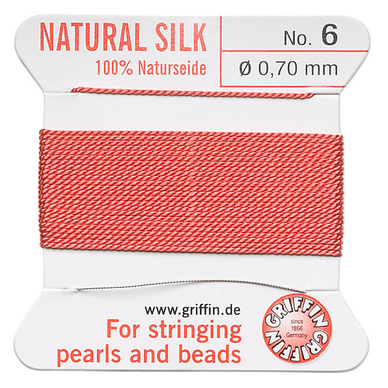 Griffin Thread, Silk 2-yard card with integrated flexible stainless steel needle Size 6 (0.7mm) Coral