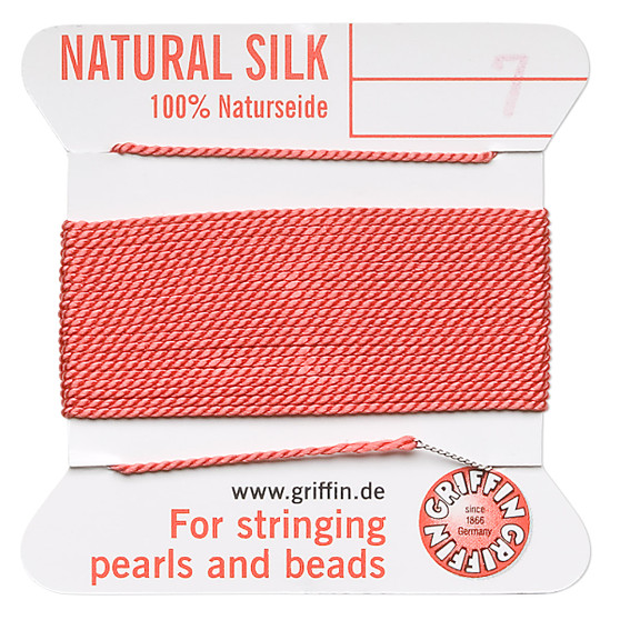 Griffin Thread, Silk 2-yard card with integrated flexible stainless steel needle Size 7 (0.75mm) Coral