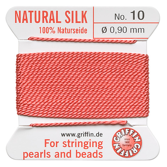 Griffin Thread, Silk 2-yard card with integrated flexible stainless steel needle Size 10 (0.9mm) Coral