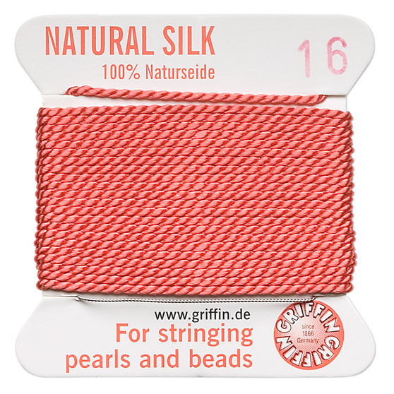 Griffin Thread, Silk 2-yard card with integrated flexible stainless steel needle Size 16 (1.05mm) Coral