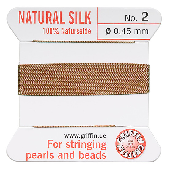 Griffin Thread, Silk 2-yard card with integrated flexible stainless steel needle Size 2 (0.45mm) Cornelian